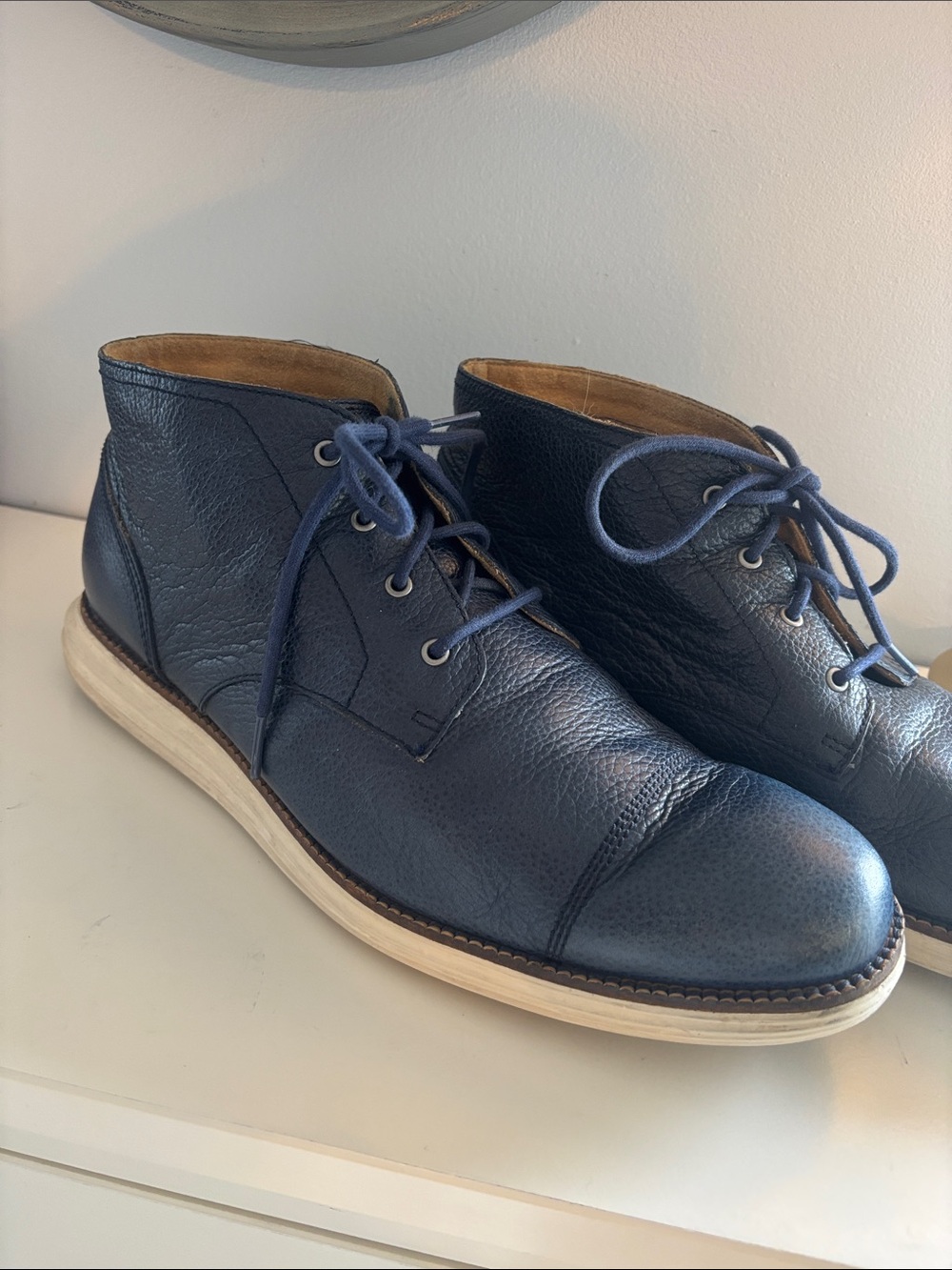 Cole Haan Navy Leather Chukka Boots with White Sole